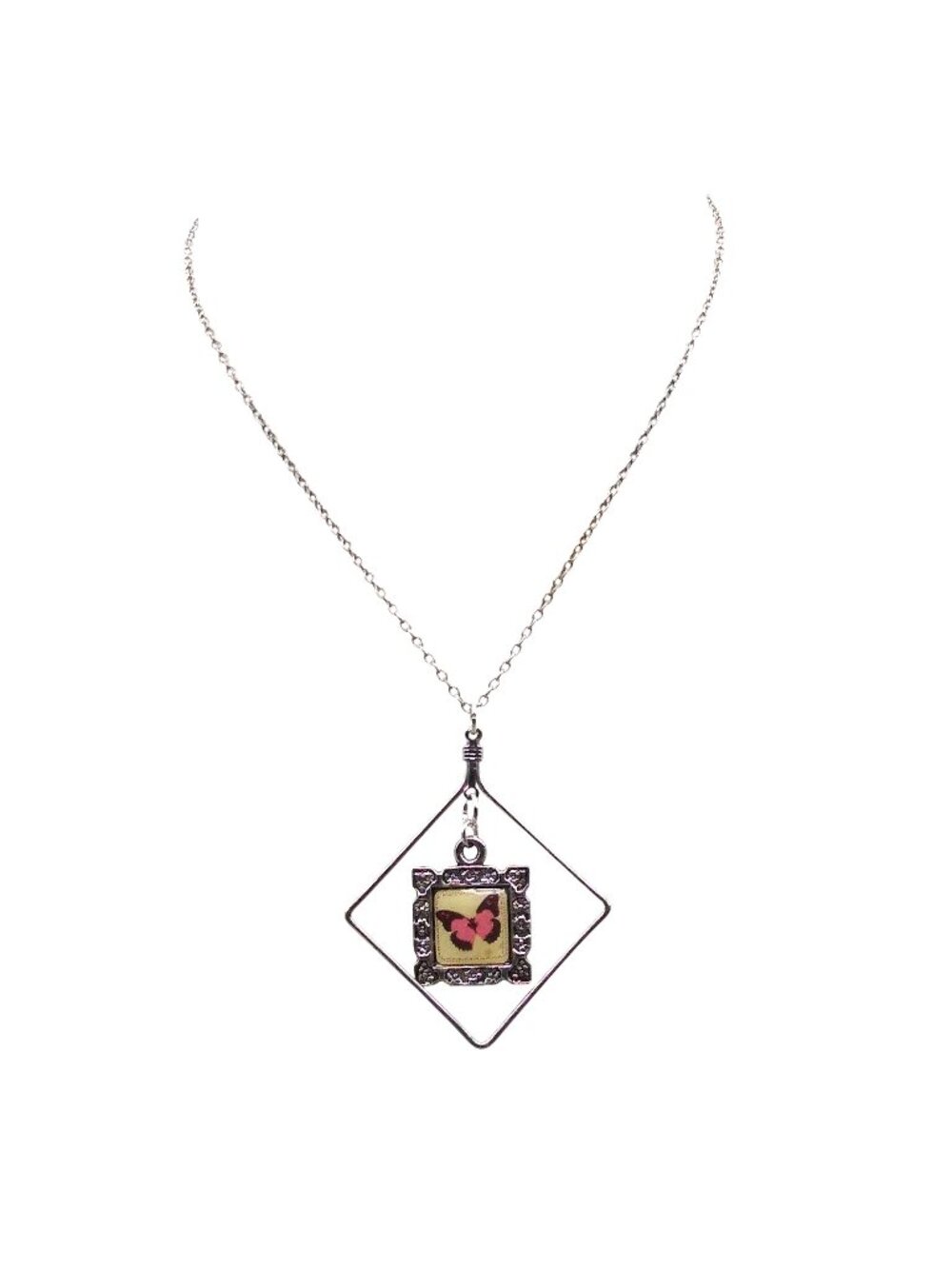Vintage Square Pendant with Enamel Butterfly in Silver Tone Frame on Delicate
